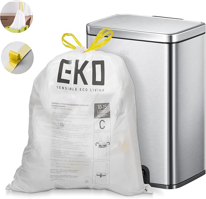 EKO 4 Gallon / 10-15 Liter, 80 Count Small Drawstring Trash Bags, Extra-Strong Unscented Garbage Bags, Easy-Dispense Roll for Kitchen & Household Use, Resists Tears, Leaks and Punctures, Code C, White