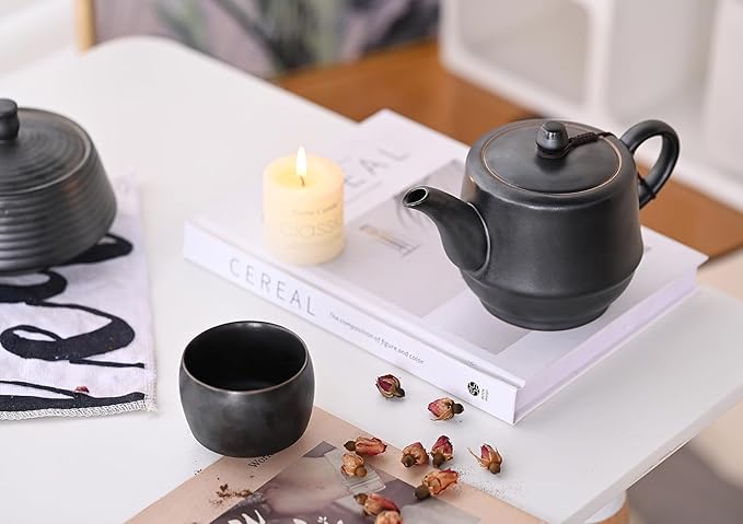 Rural Style Ceramic Teapot with Stainless Steel Infuser 16 Ounces Porcelain Blooming & Loose Leaf Teapot (Black)