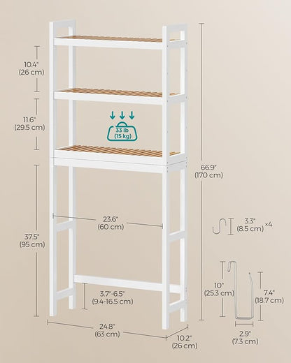 SONGMICS Over The Toilet Storage, 3-Tier Over Toilet Bathroom Organizer with Adjustable Shelf, 10.2 x 24.8 x 66.9 Inches, Space-Saving, Cloud White and Natural Beige UBTS001W02