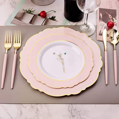 WDF 30Guest Pink Plates Disposable - Hign-end Baroque Design - Gold Plastic Silverware with Handle-Baroque Pink &Gold Plastic Dinnerware for Valentine's Day/Wedding