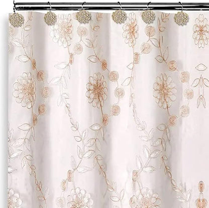 Zahari Home 13pc Rose Vine Bathroom Sheer Shower Curtain Sets Sheer Shower Curtain & 12 Shower Bathroom Hooks Modern Classic Luxury Contemporary Decor Beige Shower Curtain Set