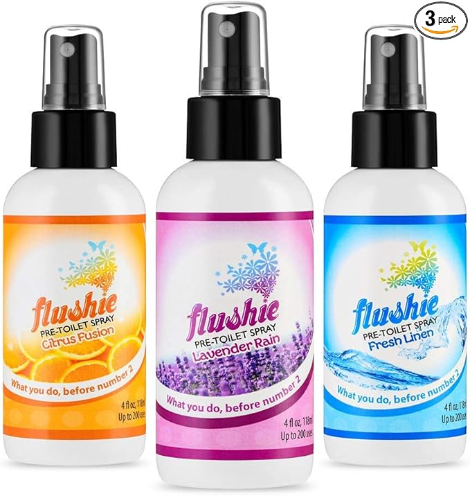 Flushie Pre-Toilet Spray Travel Size Toiletries Bathroom Spray for Toilet Deodorizer - Poop Odor Eliminator 4oz (Assorted Mix, 3 Pack)