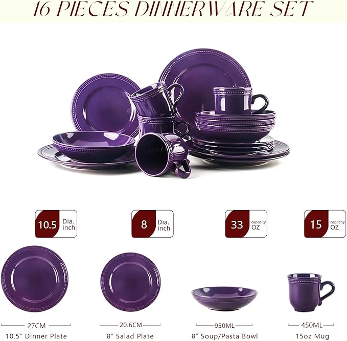 Pearl Dots Stoneware Dinnerware Set (16pc Set, Purple)