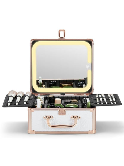 Qislee Makeup Box with A Detachable Lighted Mirror, Waterproof Travel Train Case, Cosmetic Organizer and Makeup Suitcase with Adjustable Dividers, Magnetic LED Mirror(Bright White)