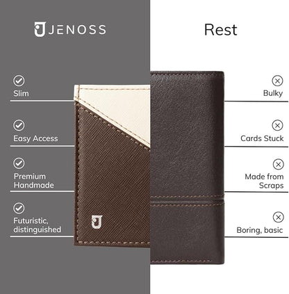 Jenoss Smart Wallet For Men: Full Grain Leather, Handcrafted, Slide Metal Pop Up Case, Slim RFID Blocking Credit Card Holder, Compact 12 Cards Slot Organizers, ID, Money Clip (Brown & Cream)