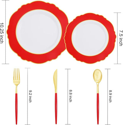 WDF 30Guest Red Christmas Plates - Gold Plastic Silverware With Red Handle - Christmas Plates Disposable- Baroque Plastic Dinnerware for Party