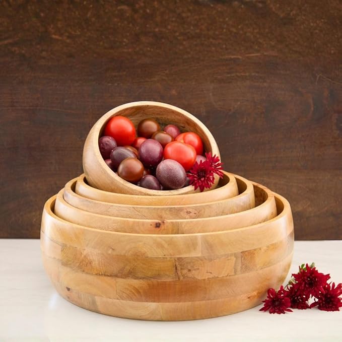 Salad Bowl Set of 5, Big Serving Dish for Pasta, Cut Fruit, Party, Catering, Wedding, Restaurant, Kitchen Countertop Fruit Bowl, Farmhouse Style, Mango Wood, 5pcs