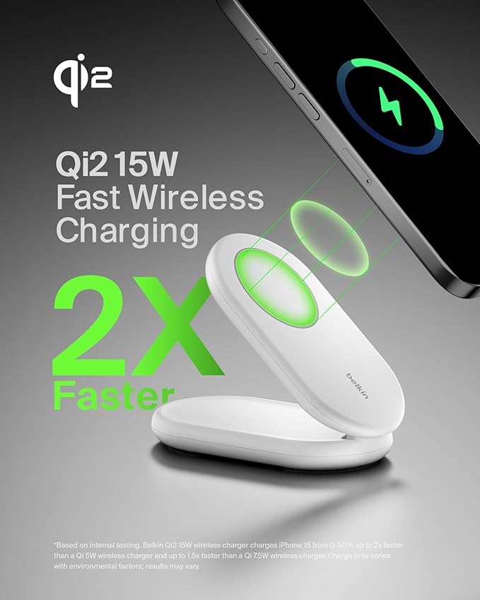 Belkin Magnetic Foldable Wireless Charging Stand 15W - MagSafe-Compatible Qi2-Certified Charger, Wireless Charging Stand for iPhone 16, Galaxy S25, & More - Standby Mode Ready w/PSU Included - White