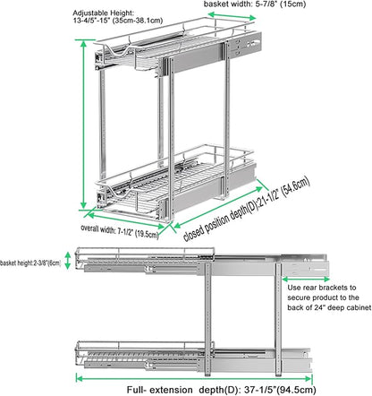DINDON Pull Out Cabinet Organizer (7-1/2" W x 21-1/2"D), Cabinet Pull Out Shelves, 2 Tier Pull Out Drawers for Kitchen Cabinets, Wire Basket Slide Out Shelf for Cabinet Organization