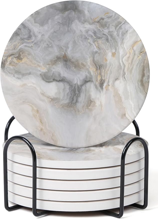 Set of 6 Abstract Gray White Marble Coasters with Holder, Absorbent Ceramic Coasters for Drinks, Coasters with Cork Backing for Table Protection, Housewarming Gifts for New Home