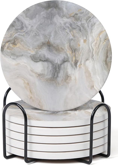 Set of 6 Abstract Gray White Marble Coasters with Holder, Absorbent Ceramic Coasters for Drinks, Coasters with Cork Backing for Table Protection, Housewarming Gifts for New Home