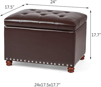 Leather Storage Ottoman Bench Foot Rest Stool with Nailhead Trim (Dark Brown - Button Tufted Leather)