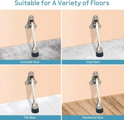 Door Stopper, Kick Down Door Stops for Heavy Doors, with Rubber Tip and Spring Lever, Adjustable, Easy to Set Down and Release, 4-Inch, for Wide Doors (4inch x 2pack, Satin Nickel)