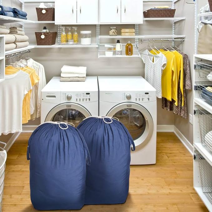 MCleanPin 140L Washable Laundry Bags with Handles,Dirty Clothes Storage for College Dorm or Travel, Laundry Liner Fit Laundry Hamper or Basket,2 Pack,Brown (Navy Blue)