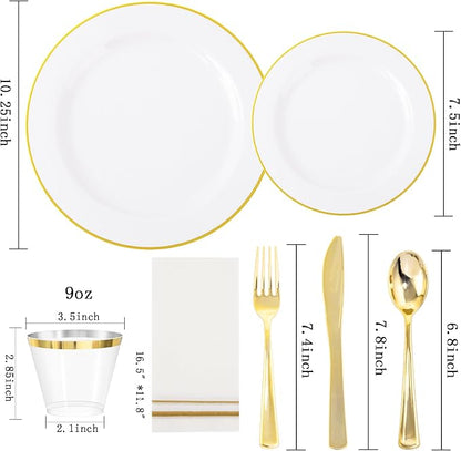 SUT 350 PCS Elegant White and Gold Disposable Dinnerware Set