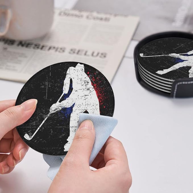 6 Pcs Vintage Ice Hockey Player Leather Coasters