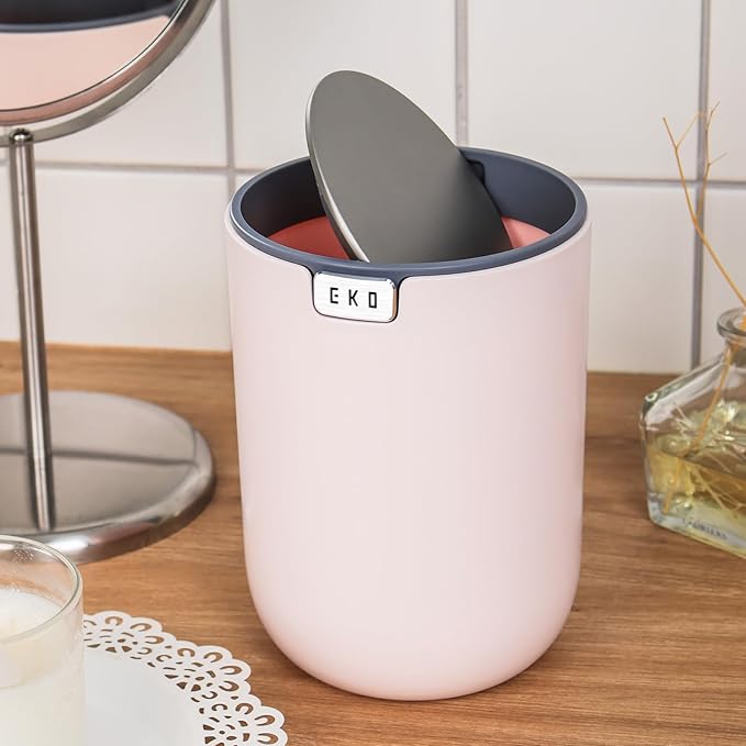 EKO Mini Desk Trash Can with Swing-Top Lid 0.4 Gallon Small Table Round Wastebasket for Office, Home, Car (Pink)