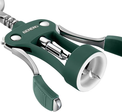 Beneno Wine Opener, Zinc Alloy Premium Wing Corkscrew with Multifunctional Bottles Opener, Sharp Wine Corkscrew with Ergonomic Non-Slip Wing Handle, Dark Green