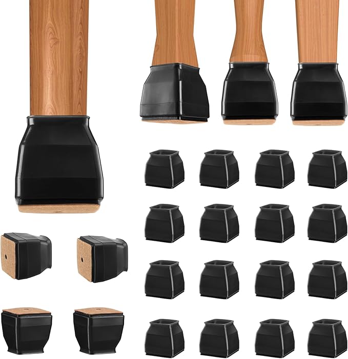 BALEINE 16 Pack Silicone Chair Leg Floor Protectors, Stool Leg Protectors Cap, Non-Slip Chair Leg Caps for Hardwood Floors (Black & Small (Square), 16 Pack)