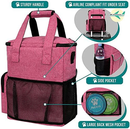 PetAmi Dog Travel Bag Pet Supplies Accessories Organizer for Traveling, Camping, Weekend; Cat Pet Travel Bag Kit Includes 2 Food Storage Containers, 2 Collapsible Bowls, 1 Feeding Mat (Pink)