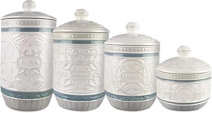 Young's Inc. 4 Pcs Set Casual Provincial Ceramic Canisters- Storage Container for Kitchen and Bathroom - Beautiful Home Decor Accent to Store Food, Coffee, Tea, and More - Green, White