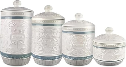 Young's Inc. 4 Pcs Set Casual Provincial Ceramic Canisters- Storage Container for Kitchen and Bathroom - Beautiful Home Decor Accent to Store Food, Coffee, Tea, and More - Green, White