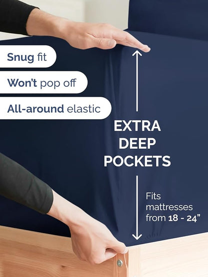 Extra Deep Pocket Twin XL Sheets - 3 Piece Breathable & Cooling Bed Sheets - Hotel Luxury Bed Sheet Set - Soft, Wrinkle Free & Comfy - Easily Fits Extra Deep Mattresses - Deep Pocket Navy Blue Sheets