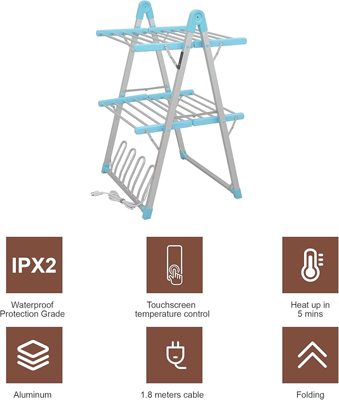Electric Heated Clothes Drying Rack,Foldable Heated Garment Dryer with Timer Shut-Off Laundry Rack for Clothes Shoes Socks,Aluminum Alloy,Blue,Plug & Play,(39.37x25.98x23.82in)