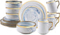 16 Piece Plates and Bowls Sets, Fine China Artisan Marbled Dinner Set for 4, Dishwahser Safe, Scratch Resistant, Blue with Gold Line