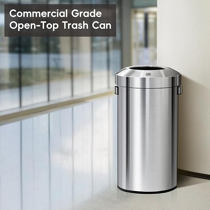 EKO Urban 24 Gallon Round Stainless Steel Open Top Waste Bin, Tall Commercial Trash Can for Indoor/Outdoor, Extra Large Metal Garbage Bin for Office, Restaurant, Restroom, 90L