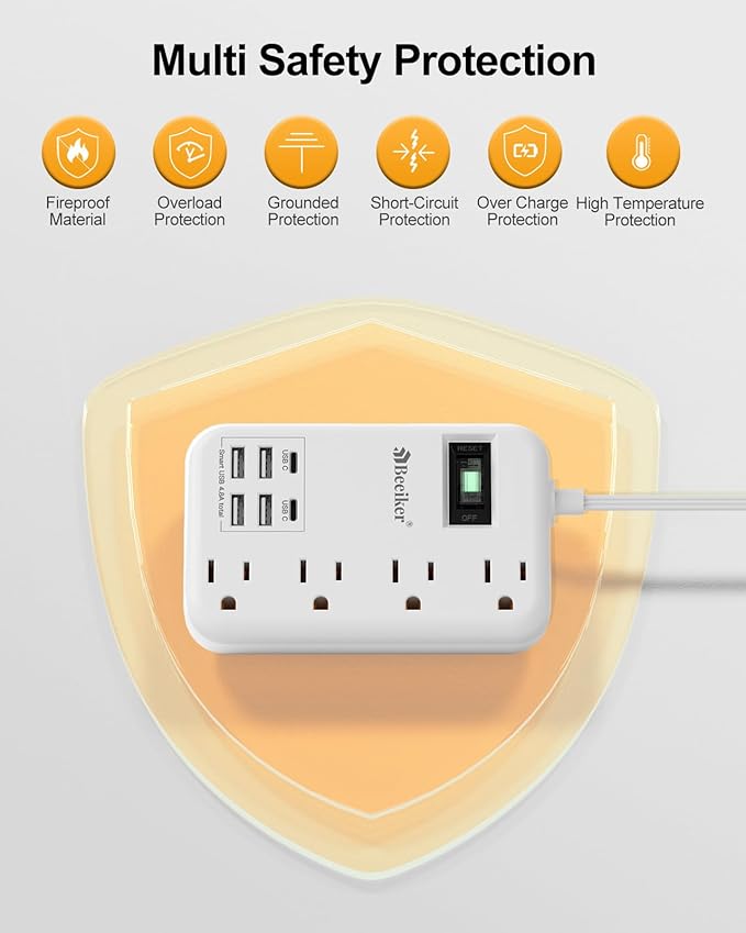 6 USB(2 USB C) Travel Power Strip- Flat Plug Extension Cord 3 Feet with 4.8A 24W USB Charging Station and 4 Outlets, 3 FT Short Extension Cord Portable for Travel Cruise Office College Dorm