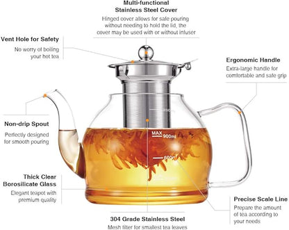 Tea Pot Set – 1200ml Glass Teapot with Removable Stainless Steel Infuser, and 4 Glass Teacups, Stovetop Safe Tea Kettle Gift Set, Blooming and Loose Leaf Tea Maker Set