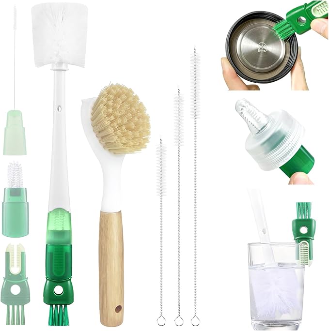 XYFuuee 5 Pack Dish Bottle Brush Set with 5-in-1 Cup Cleaning Brush, Dish Scrub Long Handle Brush with Scraper Tip, 3 Straw Cleaner Brushes for Stanley, Washing Kitchen Sink Pot Pan Water Bottle Stove