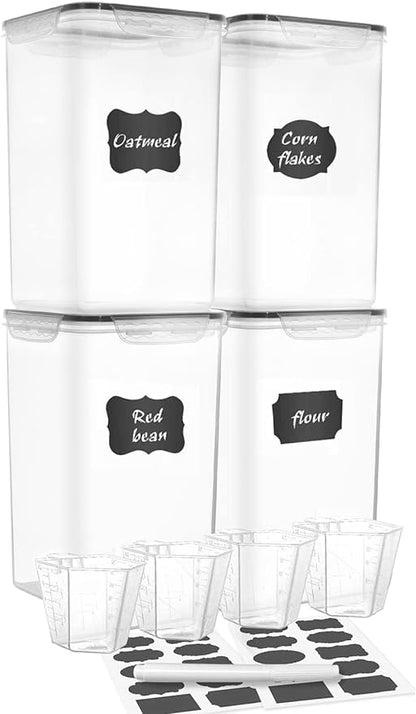 Extra Large 7qt / 6.5L/220oz Tall Food Storage Containers, WIDE & DEEP, 4-Piece Plastic Airtight Kitchen Pantry Storage Containers for Flour, Sugar, with 4 Measuring Cups,20 Labels