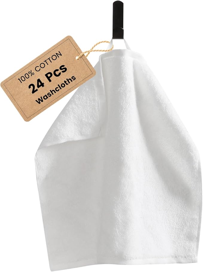 SEMAXE 100% Cotton Washcloths for Bathroom - 24 Pack, Quick-Dry Face Towels with Hanging Loop, Highly Absorbent and Soft, 13x13 Inch, White