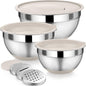 P&P CHEF Mixing Bowl with Lids Set of 3, Stainless Steel Nesting Salad Bowls for Serving Preparing, 3 Grater Attachments & Non-Slip Bottoms, Size 1.5/2.6/4.6 QT, Khaki
