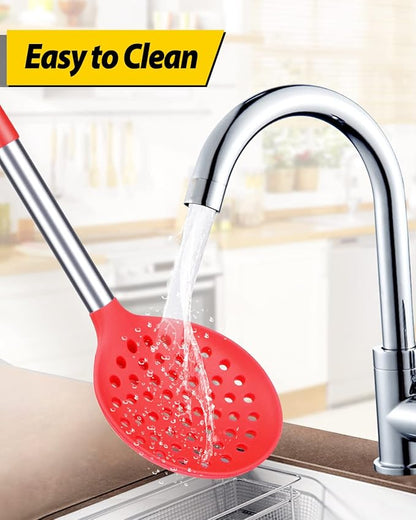 Kitchen Ladle Strainer Set of 2 Large Slotted Spoon with High Heat Resistant BPA Free Non Stick Cooking Skimmers For Draining and Frying (Black and Red)