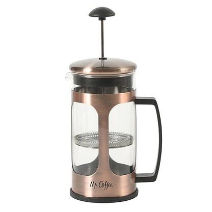 Mr. Coffee Daily Brew French Press Coffee Maker, 30-Ounce Glass Carafe with High Heat Resistant Durable Borasilicate Glass & Copper Metal Frame and Plunger, Includes Coffee Scoop