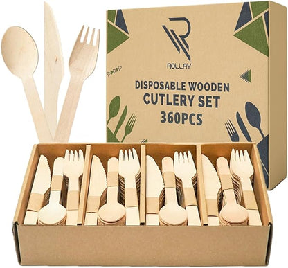 360 PCS Disposable Wooden Cutlery Set - Biodegradable Cutlery Set with Wooden Spoons, Forks, and Knives - Compostable Cutlery Wooden Utensils for Parties, Camping, and Picnic