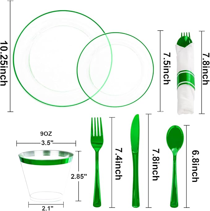SUT 175 Pcs Green and Clear Plastic Dinnerware Set