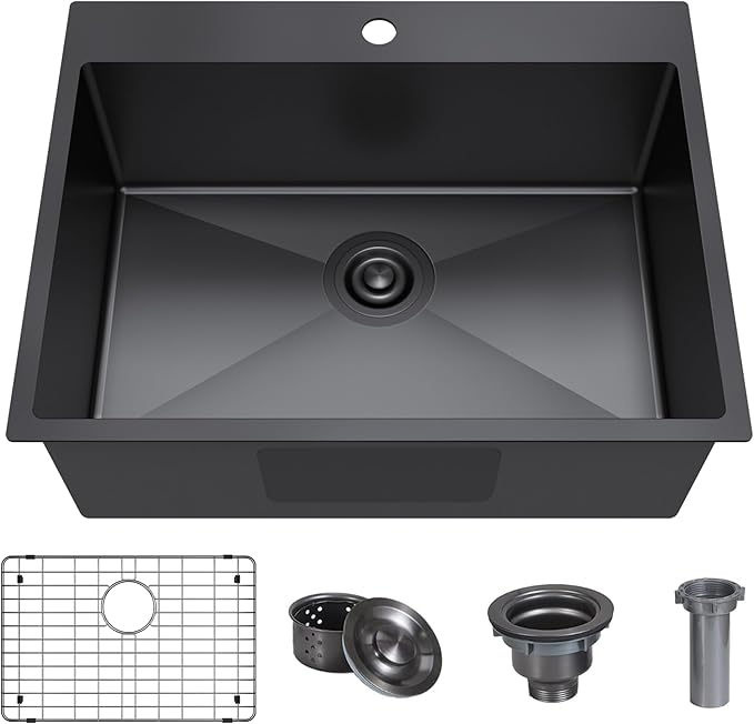 25x22 Inch Black Drop In Kitchen Sink, 25 Inch Gunmetal Black Kitchen Sink Top Mount 18 Gauge Stainless Steel Single Bowl Deep KitchenSink With Grid Handmade KitchenSink Drop In