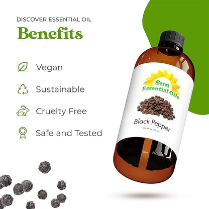 Sun Essential Oils - Black Pepper 4oz Bottle for Diffuser, Humidifier, Aromatherapy, Self and Home Care - Black Pepper Oil - Aromatherapy Oil