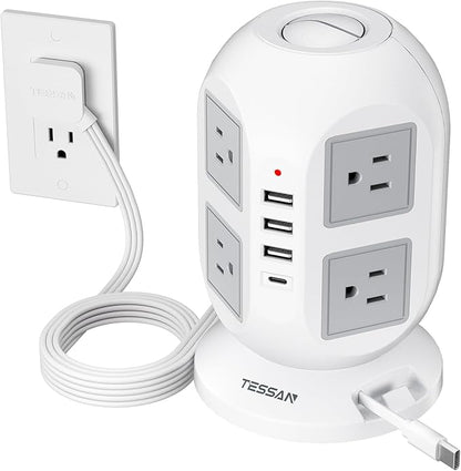 Tower Power Strip Surge Protector 10 Ft, TESSAN Flat Plug Extension Cord with Multiple Outlets, 8 AC Outlets, 4 USB Ports, 1 Built-in USB Cable, Desk Charging Station for Home Dorm Office