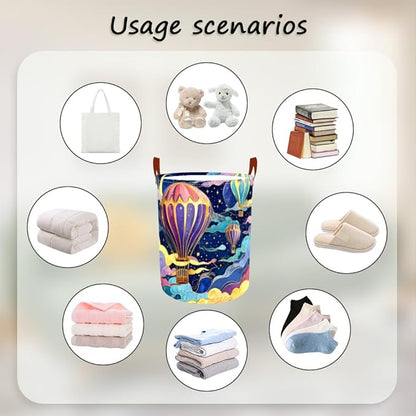 Laundry Baskets 15.7x19.7 Inch Large Hot Air Balloon Night Sky Design Collapsible Laundry Hamper with Handles Oxford Fabric Clothes Storage Bin Foldable Dirty Clothes for Bedroom Bathroom Dorm