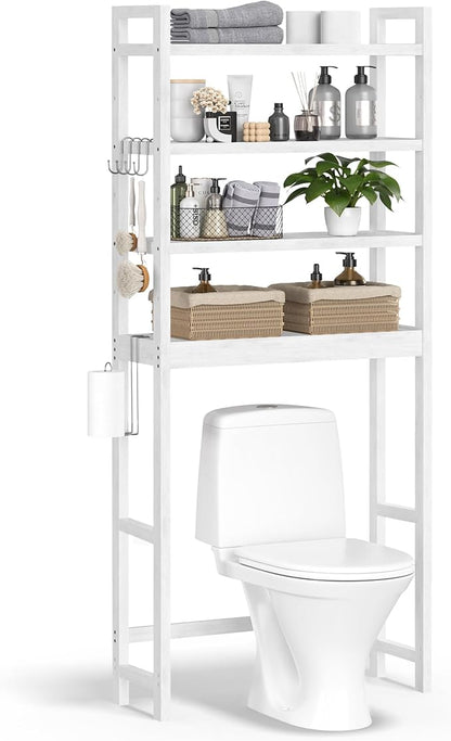 SONGMICS Over The Toilet Storage, 4-Tier Over Toilet Bathroom Organizer with Adjustable Shelves, 10.2 x 24.8 x 72.8 Inches, Space-Saving, Cloud White UBTS041W01