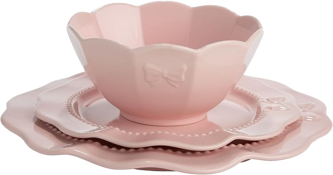 Paris Hilton 12-Piece Dinnerware Set, Embossed Bow Design, Iconic Ceramic