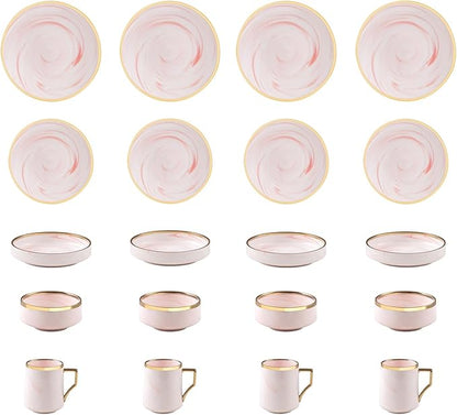 20 Piece Plates and Bowls Sets, Fine China Artisan Marbled Dinner Set for 4, Dishwahser Safe, Scratch Resistant, Pink with Gold Line