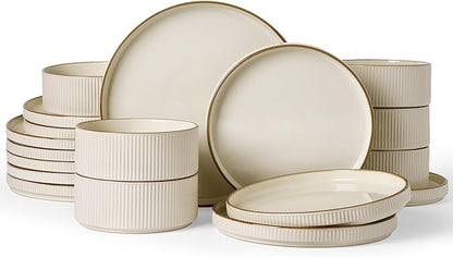 Famiware Star Dinnerware Set, Plates and Bowls Sets for 6 (18pcs), Ribbed Stoneware Dishes - Chip & Scratch Resistant, Microwave & Dishwasher Safe Kitchenware, Cream