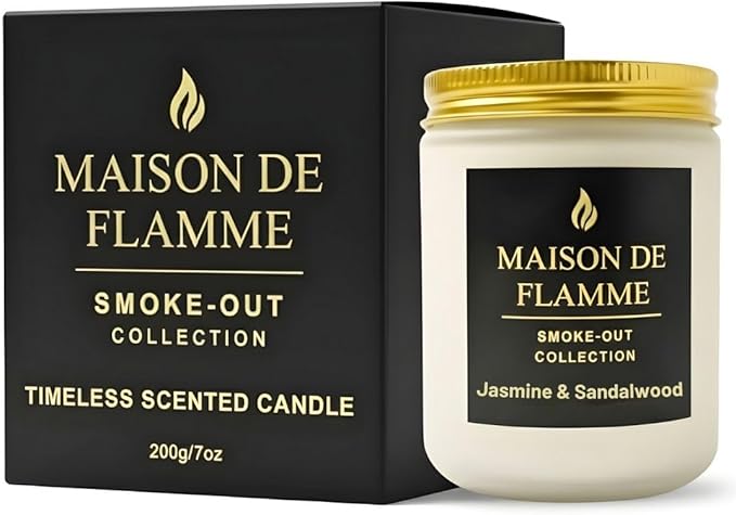 Jasmine & Sandalwood Odor-Eliminating Scented Candle, 200g/7oz White Jar – Long-Lasting Soy Wax Blend Candle for Smoke, Kitchen & Pet Odors