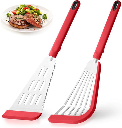 Silicone Fish Spatula Turner Set of 2,2-in-1 Heat Resistant Silicone Slotted Fish Spatulas for Nonstick Cookware,Flexible Thin Stainless Steel Slotted Fish Turner Spatula Flipper for Fish,Egg,Pancake